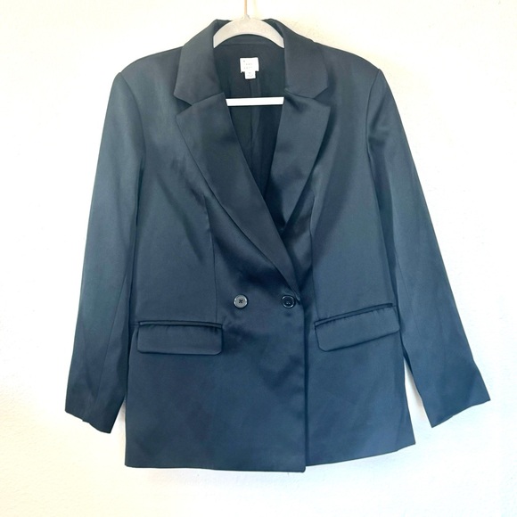 A New Day Satin Black Oversized Jacket Double Breasted Blazer XS - Picture 2 of 7